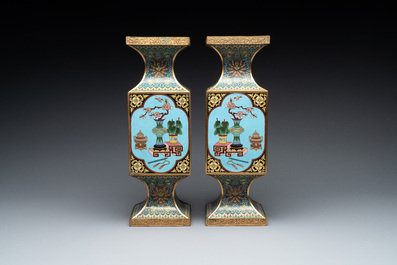 A pair of fine Chinese rectangular cloisonn&eacute; 'antiquities' 'gu' vases, 19/20th C.