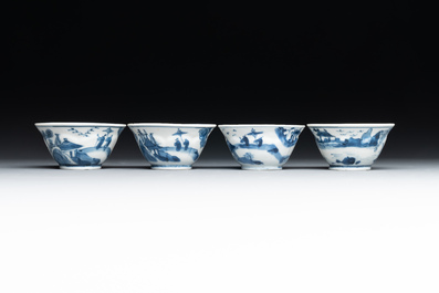 Four Chinese blue and white 'landscape' cups and saucers, Kangxi
