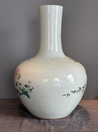 A large Chinese famille rose 'quails and chrysanthemum' 'tianqiu ping' vase, Qianlong mark, 19th C.