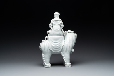 Two Chinese white-glazed Bodhisattva, a sancai-glazed duck and a turquoise-glazed lion, 20th C.