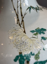 A large Chinese famille rose 'quails and chrysanthemum' 'tianqiu ping' vase, Qianlong mark, 19th C.