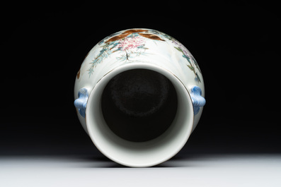 A Chinese famille rose 'quails' 'hu' vase, signed Xiong Mengting 熊夢亭, dated 1969