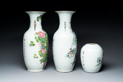 Two Chinese famille rose vases and a jar, 19/20th C.