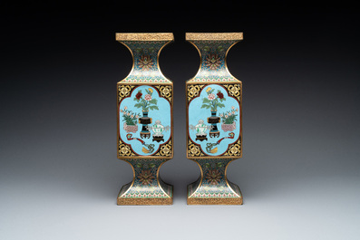 A pair of fine Chinese rectangular cloisonn&eacute; 'antiquities' 'gu' vases, 19/20th C.