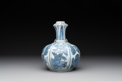 A Chinese blue and white 'kraak' porcelain 'deer and rooster' kendi, Wanli