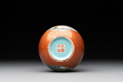 A Chinese famille rose coral-red-ground 'landscape' gourd vase, Qianlong mark, Republic