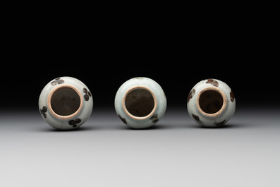 Five Chinese russet-splashed Longquan celadon jarlets, Song/Yuan