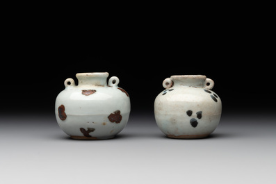 Five Chinese russet-splashed Longquan celadon jarlets, Song/Yuan