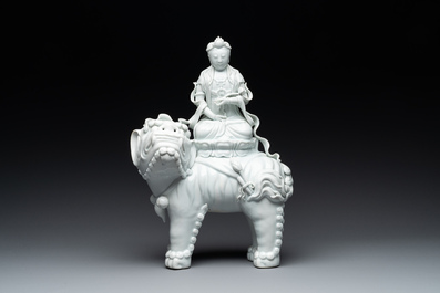 Two Chinese white-glazed Bodhisattva, a sancai-glazed duck and a turquoise-glazed lion, 20th C.
