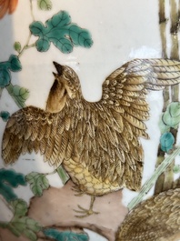 A large Chinese famille rose 'quails and chrysanthemum' 'tianqiu ping' vase, Qianlong mark, 19th C.