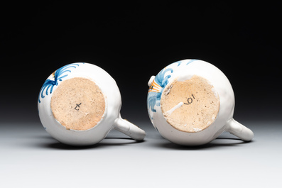 Three French white-glazed and two polychrome puzzle jugs, Nevers, 18th C.
