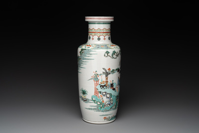A Chinese famille verte 'Er Qiao Bing Du 二喬并讀&lsquo; rouleau vase, Chenghua mark, 20th C.