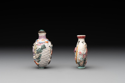 Two Chinese famille rose molded snuff bottles with figural design, Qianlong mark, 19th C.
