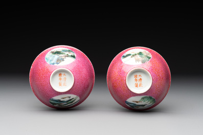 A pair of Chinese puce-sgraffito-ground 'landscape' bowls, Qianlong mark, Republic