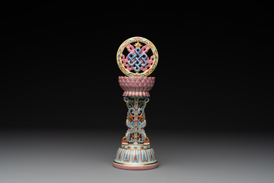 A rare Chinese famille rose Buddhist emblem altar ornament, Qianlong mark and of the period