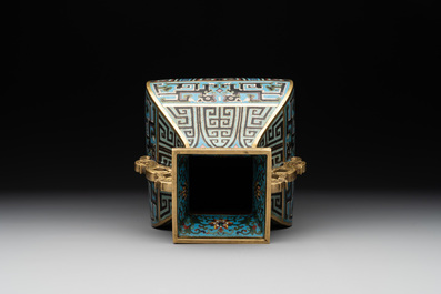 A Chinese cloisonn&eacute; square archaic-style vase, Qianlong and Ren mark, 19/20th C.
