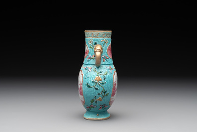 A Chinese famille rose puce-enamelled turquoise-ground 'hu' vase, Republic