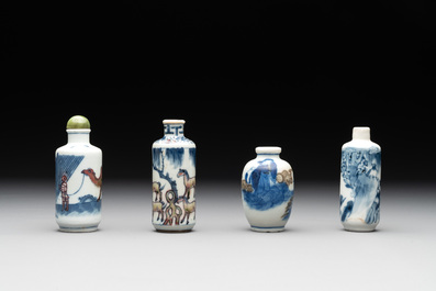 Four Chinese blue, white and copper-red snuff bottles, Yongzheng and Qianlong mark, 19th C.