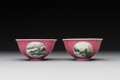A pair of Chinese puce-sgraffito-ground 'landscape' bowls, Qianlong mark, Republic