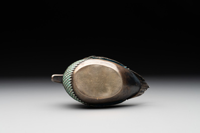 A Chinese precious stone inset, enamelled and filigree silver mandarin duck-form box and cover, 19/20th C.