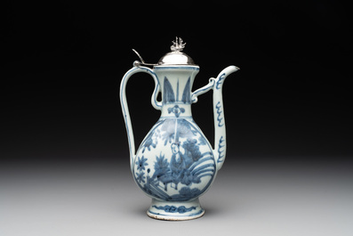 A Chinese silver-mounted blue and white ewer with figures in a landscape, Ming