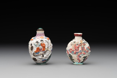 Two Chinese famille rose molded snuff bottles with figural design, Qianlong mark, 19th C.