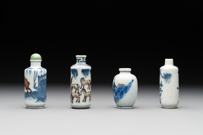 Four Chinese blue, white and copper-red snuff bottles, Yongzheng and Qianlong mark, 19th C.