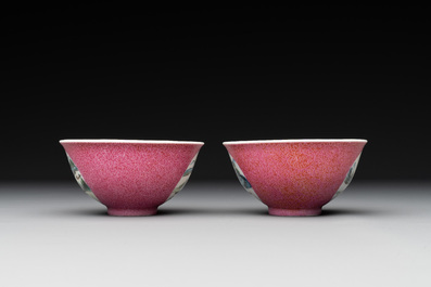 A pair of Chinese puce-sgraffito-ground 'landscape' bowls, Qianlong mark, Republic