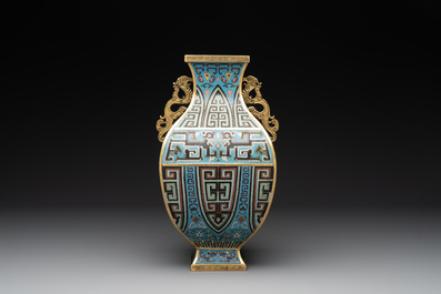 A Chinese cloisonn&eacute; square archaic-style vase, Qianlong and Ren mark, 19/20th C.