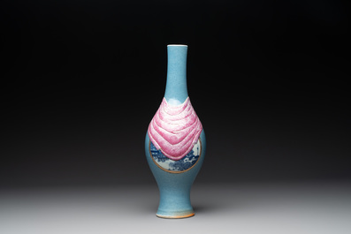 A rare Chinese blue, white and famille rose vase with landscape design, Guangxu mark, dated 1908
