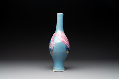 A rare Chinese blue, white and famille rose vase with landscape design, Guangxu mark, dated 1908