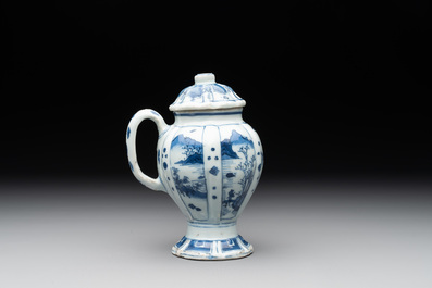 A Chinese blue and white 'landscape' mustard jar and cover, Transitional period