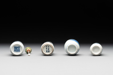 Four Chinese blue, white and copper-red snuff bottles, Yongzheng and Qianlong mark, 19th C.