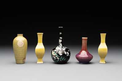 Five various Chinese monochrome miniature vases, 19th C.