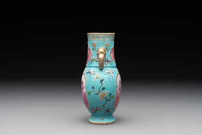 A Chinese famille rose puce-enamelled turquoise-ground 'hu' vase, Republic
