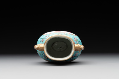 A Chinese famille rose puce-enamelled turquoise-ground 'hu' vase, Republic