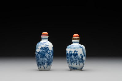 Two Chinese blue and white 'riders on horseback' snuff bottles, Yongzheng mark, 19th C.