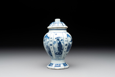 A Chinese blue and white 'landscape' mustard jar and cover, Transitional period