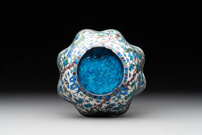 A Chinese enamelled silver bowl, a box and an opium container, 19th C.