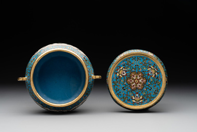 A Chinese cloisonn&eacute; censer and stand with Arabic inscription, Qianlong mark, 19th C.