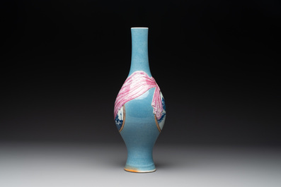 A rare Chinese blue, white and famille rose vase with landscape design, Guangxu mark, dated 1908