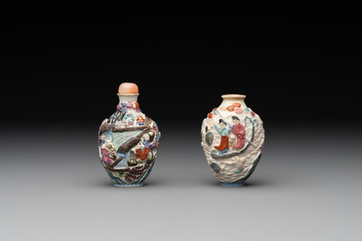 Two Chinese famille rose molded snuff bottles with figural design, Qianlong mark, 19th C.