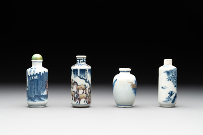 Four Chinese blue, white and copper-red snuff bottles, Yongzheng and Qianlong mark, 19th C.