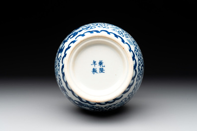 A Chinese blue and white 'phoenix and flower scroll' vase, Qianlong mark, 19th C.