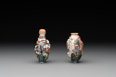 Two Chinese famille rose molded snuff bottles with figural design, Qianlong mark, 19th C.