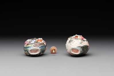 Two Chinese famille rose molded snuff bottles with figural design, Qianlong mark, 19th C.