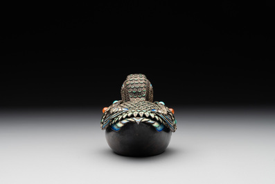 A Chinese precious stone inset, enamelled and filigree silver mandarin duck-form box and cover, 19/20th C.