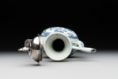A Chinese silver-mounted blue and white ewer with figures in a landscape, Ming