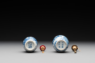 Two Chinese blue and white 'riders on horseback' snuff bottles, Yongzheng mark, 19th C.