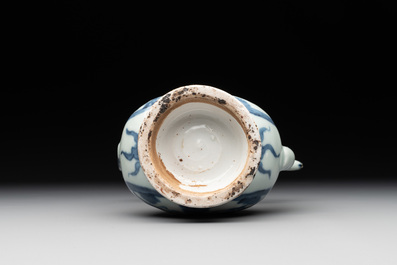 A Chinese silver-mounted blue and white ewer with figures in a landscape, Ming